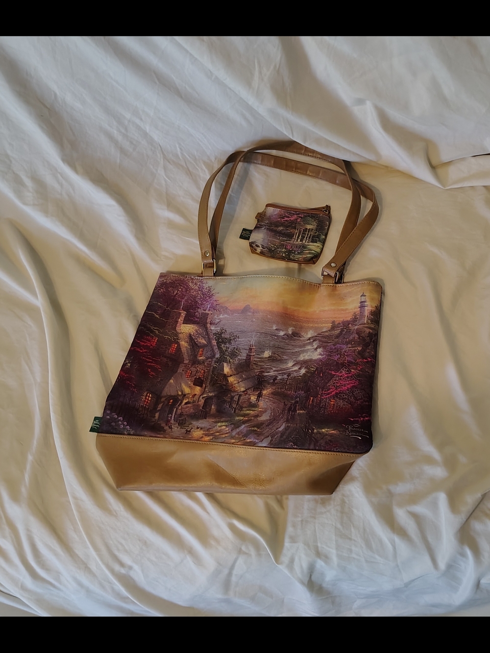 Medium Vintage Thomas Kinkade Coastal Scene Print Tote And Matching Coin Purse